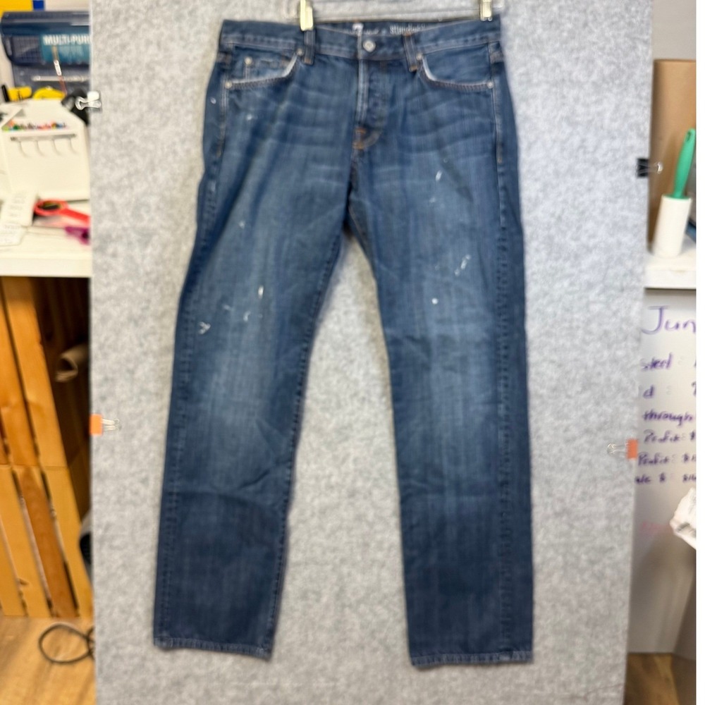 7 For All Mankind Standard Straight Leg Jeans Blue Paint Splatter Distressed